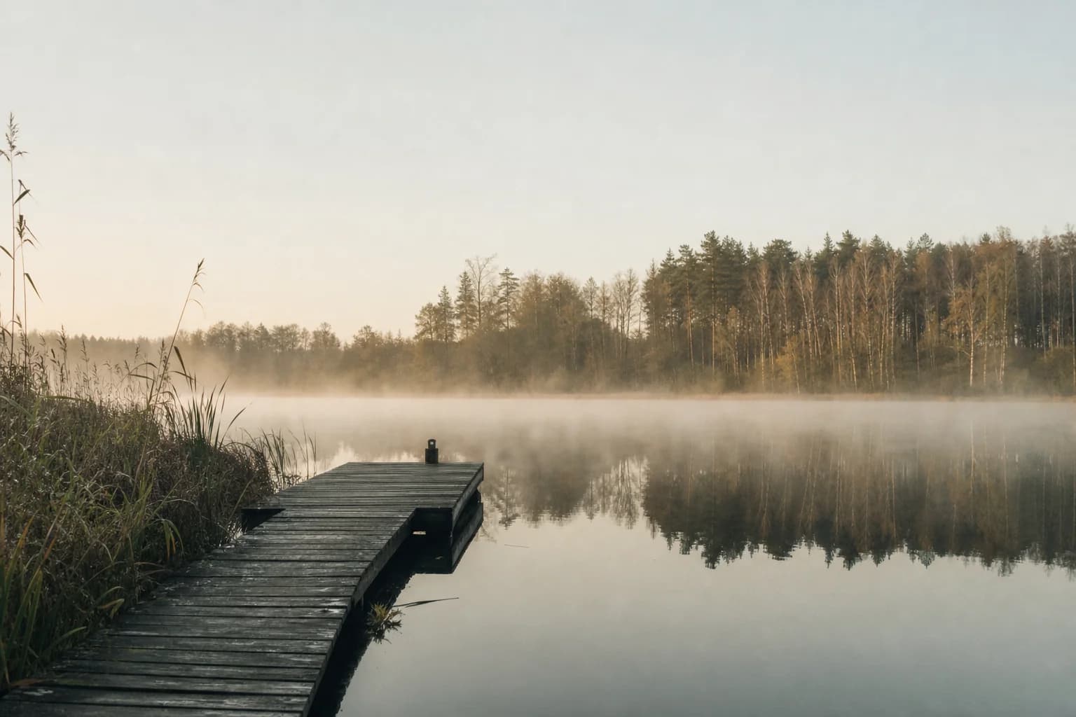Drewniany pomost prowadzi na spokojne jezioro o świcie, nad wodą unosi się mgła