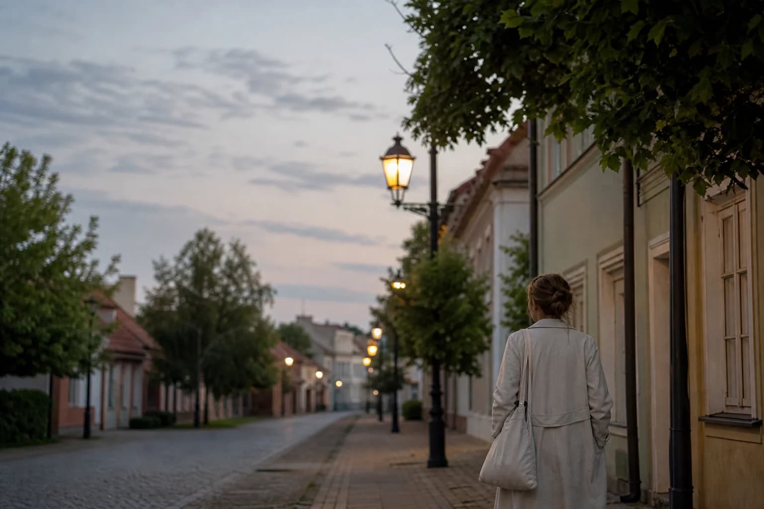 Kobieta spaceruje o zmierzchu spokojną, zadrzewioną ulicą