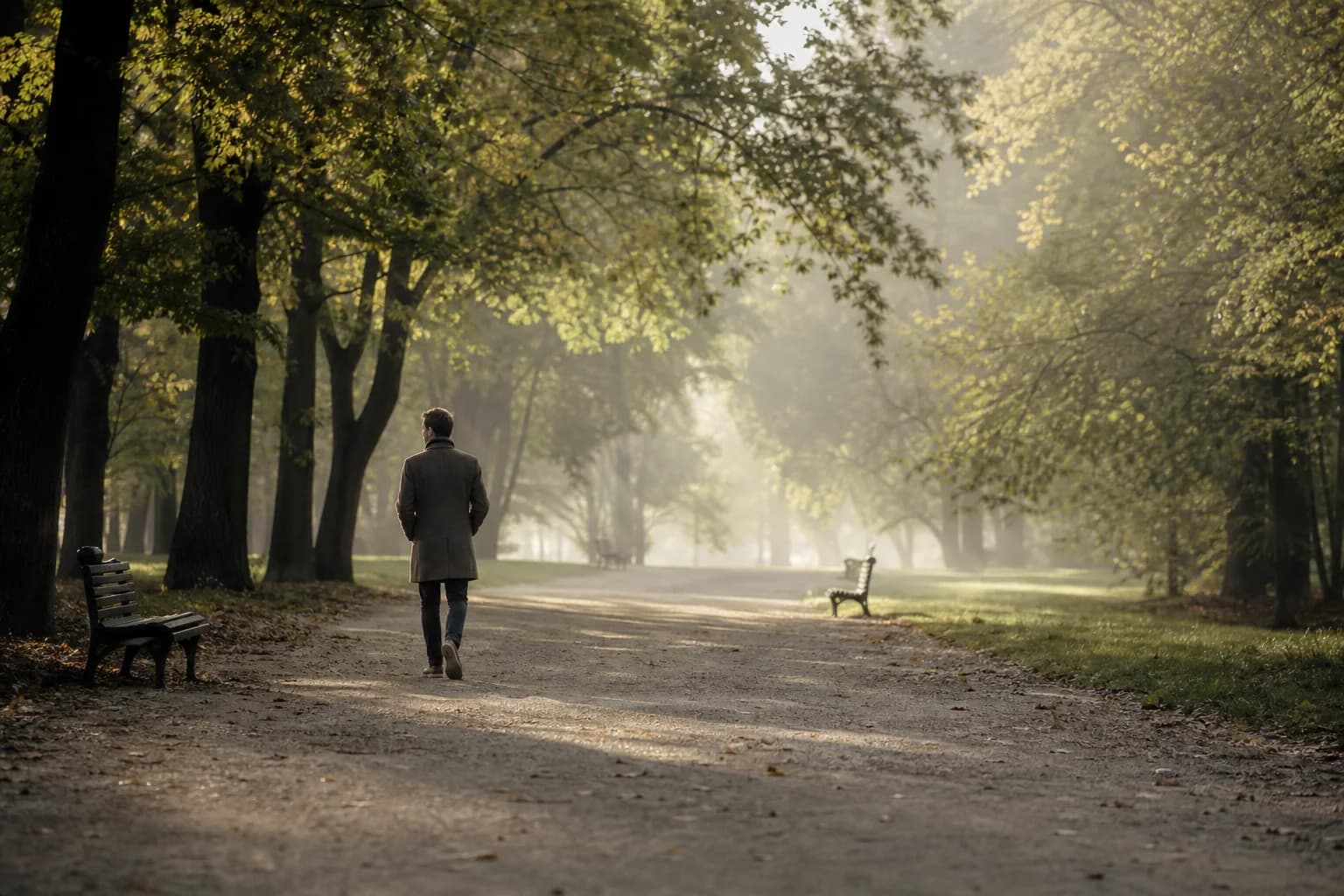 Mężczyzna idzie samotnie parkową alejką we mgle wczesnego poranka